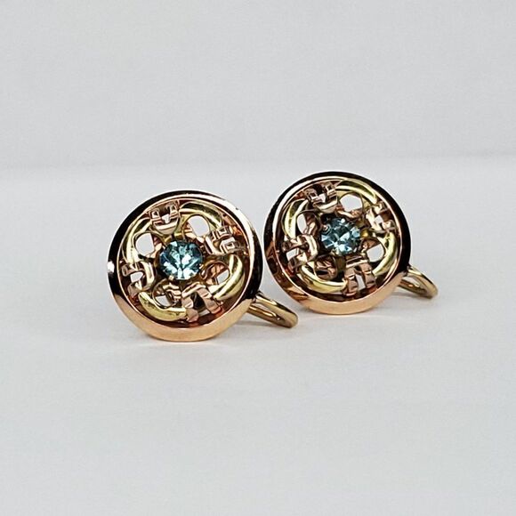Vintage 12K GF Gold Screwback Earrings Round Flower Blue Crystal Center 1/2" - Picture 1 of 6